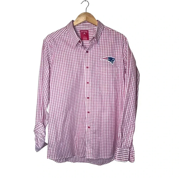 NFL New England Patriots Button Down Red Plaid Logo Souvenir Dress Shirt Large - Picture 3 of 5